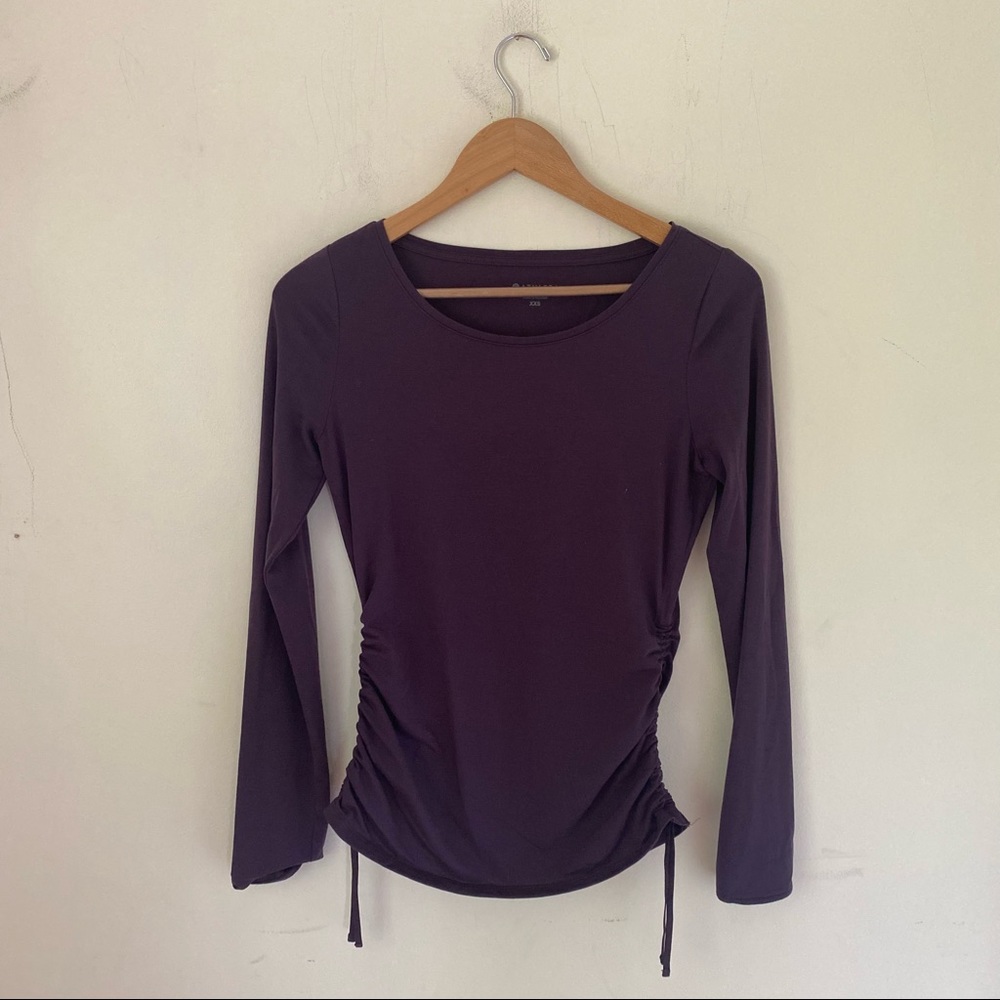 Athleta Shirt Womens XXS Purple Drawstring Sides Boat Neck Slim Yoga